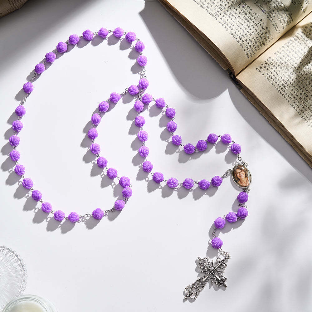 Custom Rosary Beads Cross Necklace Personalized Purple Double Sided Rose Necklace with Photo - soufeelau