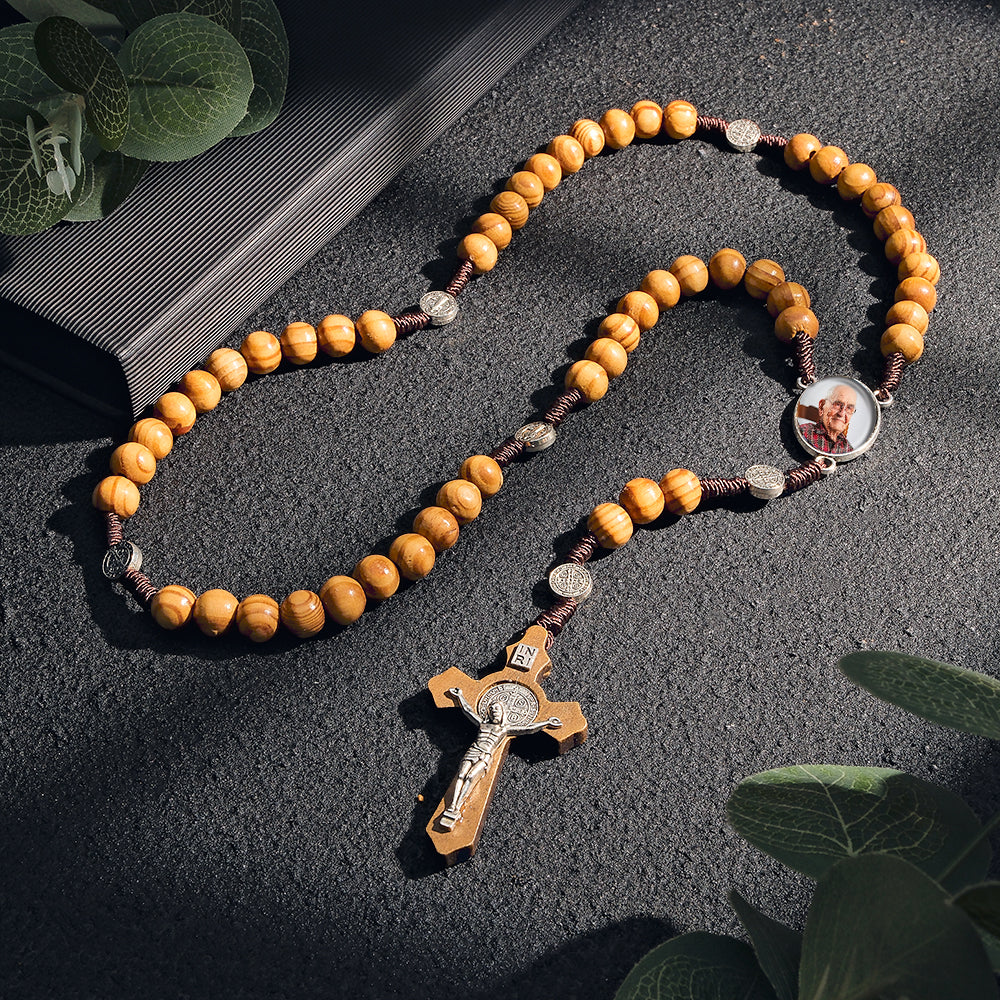 Custom Rosary Beads Cross Necklace Personalized Vintage Light Wood Beads Handwoven Necklace with Photo - soufeelau