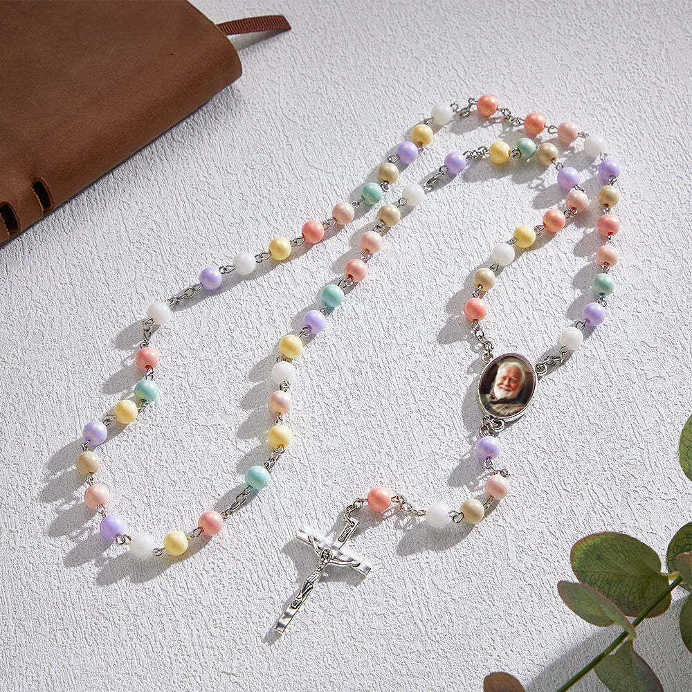 Custom Rosary Beads Cross Necklace Personalized Acrylic Macaron Color Beads Necklace with Photo - soufeelau