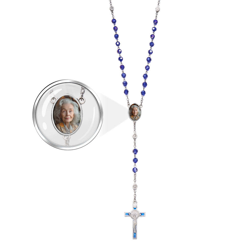 Custom Rosary Beads Cross Necklace Personalized Blue Crystal Necklace with Photo - soufeelau