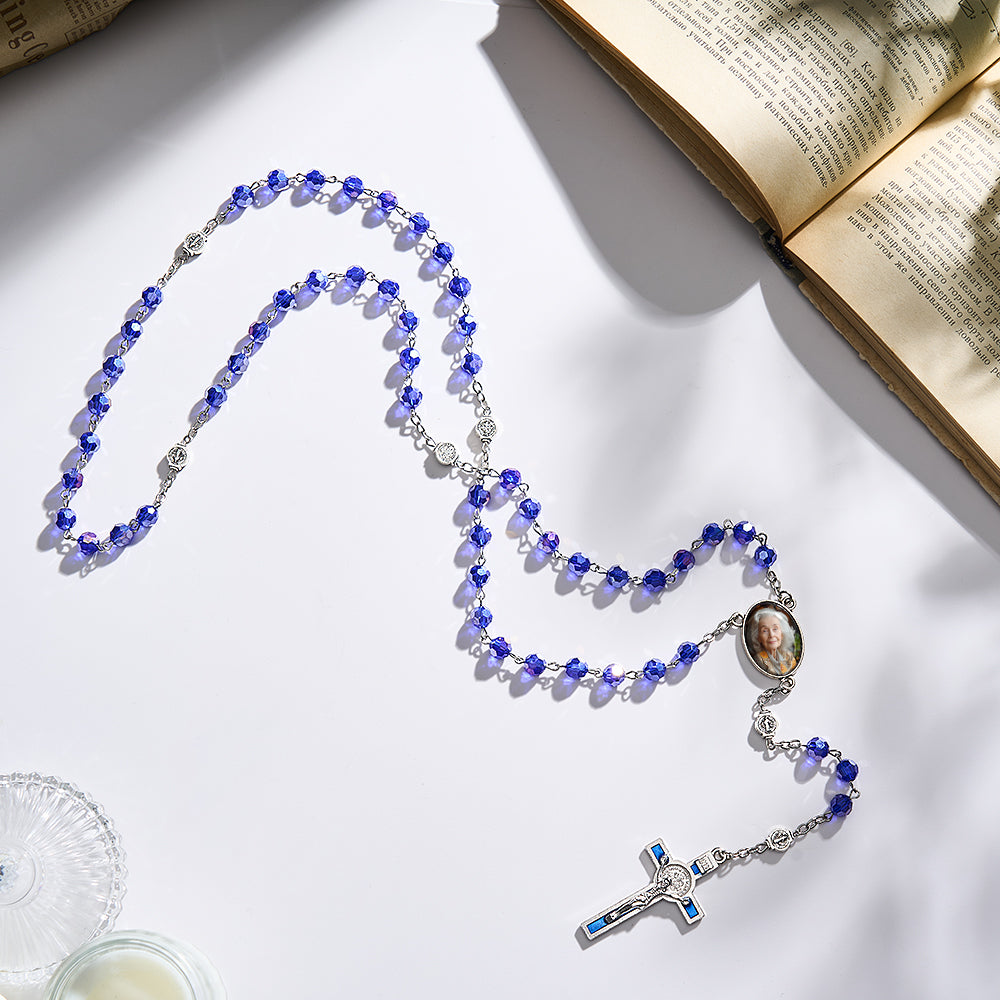 Custom Rosary Beads Cross Necklace Personalized Blue Crystal Necklace with Photo - soufeelau