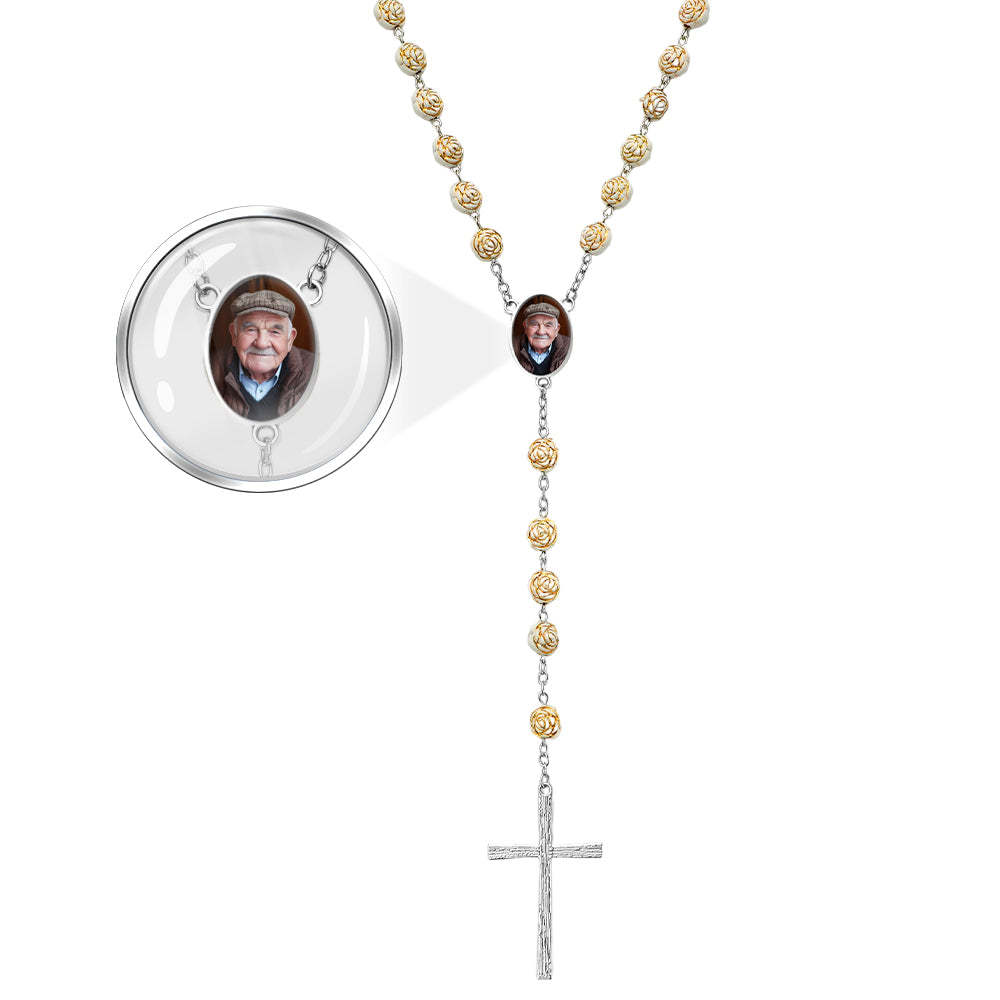 Custom Rosary Beads Cross Necklace Personalized Golden Rose Beads Necklace with Photo - soufeelau