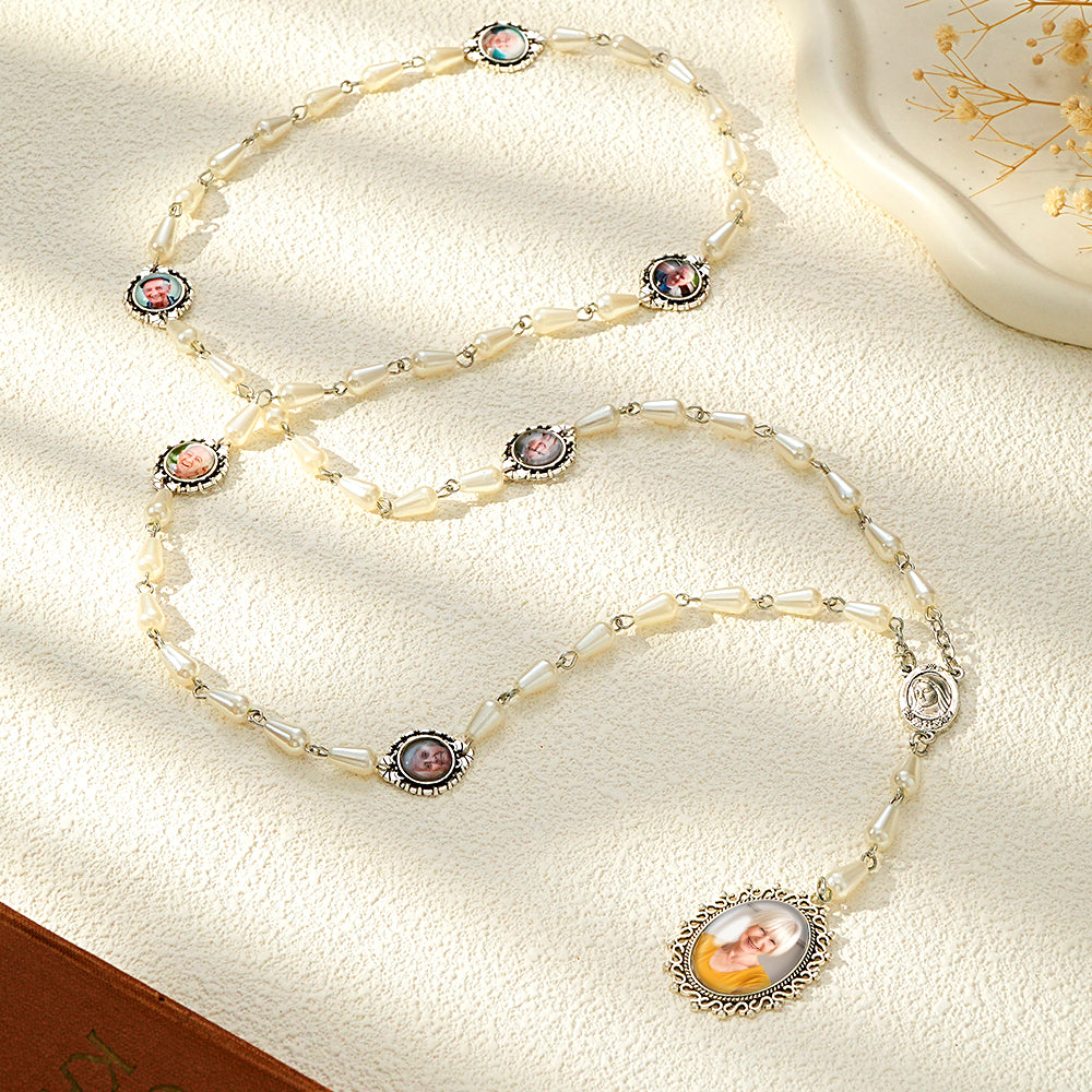 Custom Rosary Beads Cross Necklace Personalized Pearl Style Necklace with Photo - soufeelau