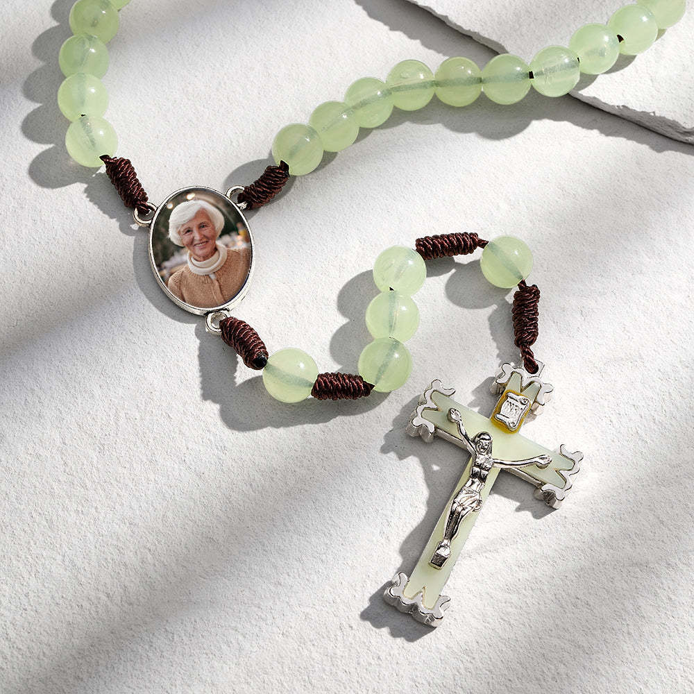 Custom Rosary Beads Cross Necklace Personalized Retro Acrylic Luminous Necklace with Photo - soufeelau
