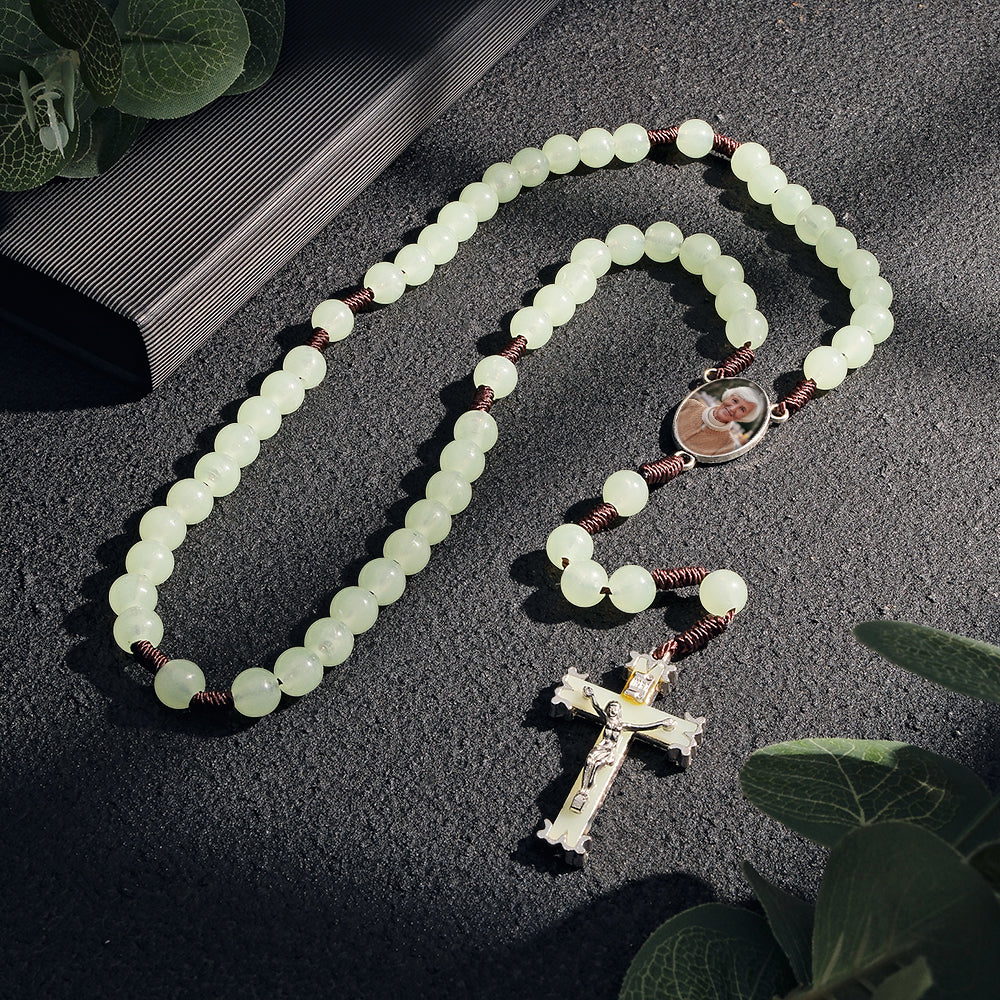 Custom Rosary Beads Cross Necklace Personalized Retro Acrylic Luminous Necklace with Photo - soufeelau