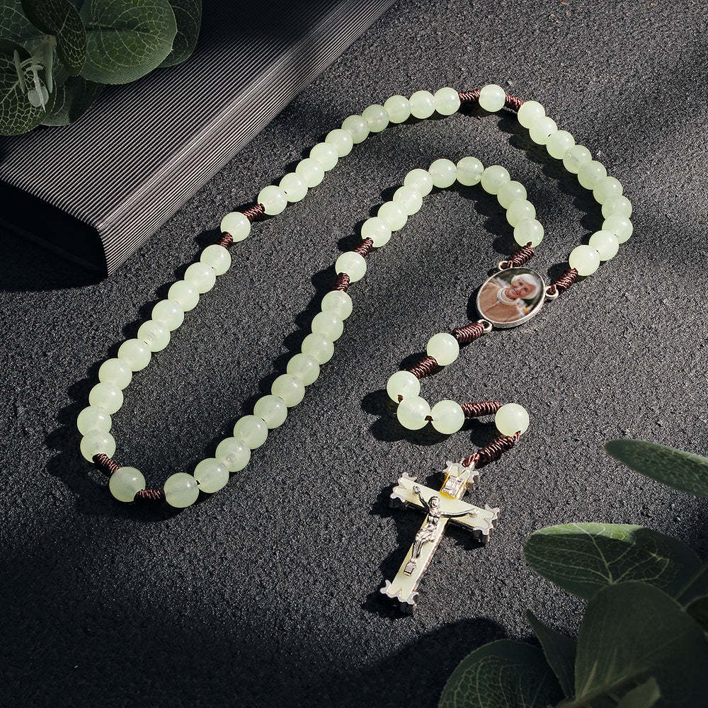 Custom Rosary Beads Cross Necklace Personalized Retro Acrylic Luminous Necklace with Photo - soufeelau