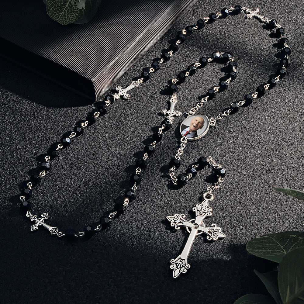 Custom Rosary Beads Cross Necklace Personalized Gothic Cross Necklace with Photo - soufeelau