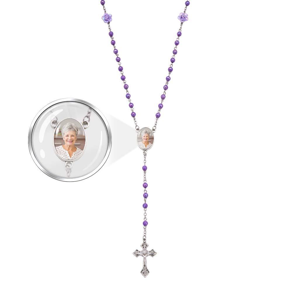 Custom Rosary Beads Cross Necklace Personalized Plated Purple Rose Beads Necklace with Photo - soufeelau