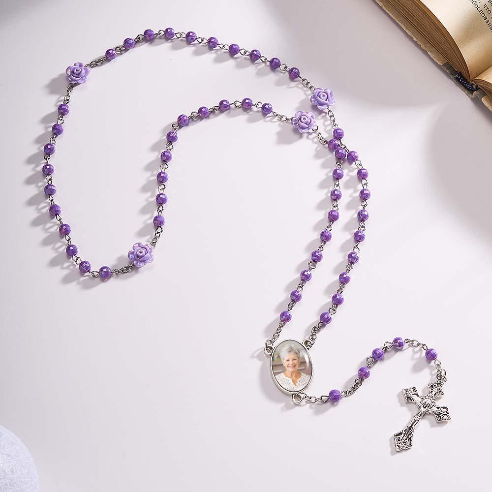 Custom Rosary Beads Cross Necklace Personalized Plated Purple Rose Beads Necklace with Photo - soufeelau