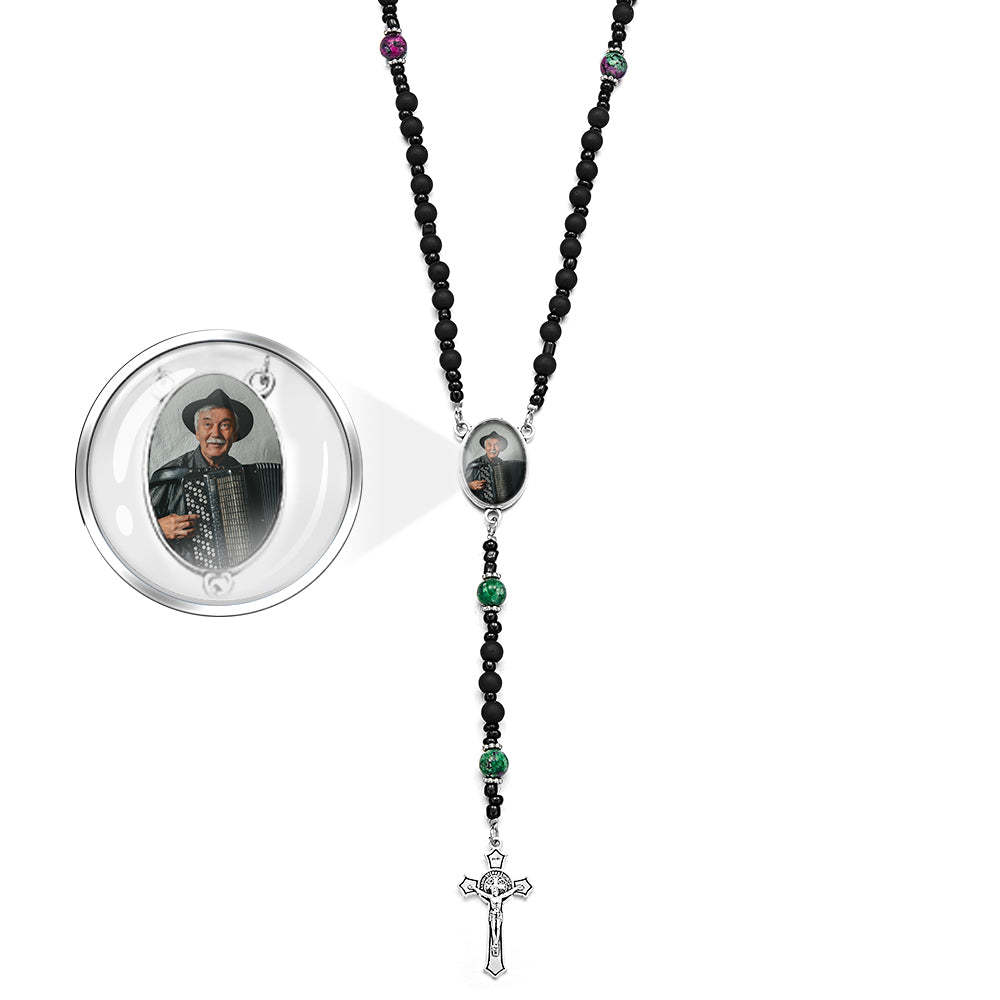 Custom Rosary Beads Cross Necklace Personalized Pattern Black Imitation Agate Necklace with Photo - soufeelau