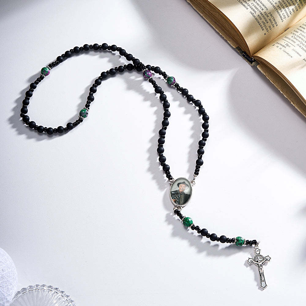 Custom Rosary Beads Cross Necklace Personalized Pattern Black Imitation Agate Necklace with Photo - soufeelau