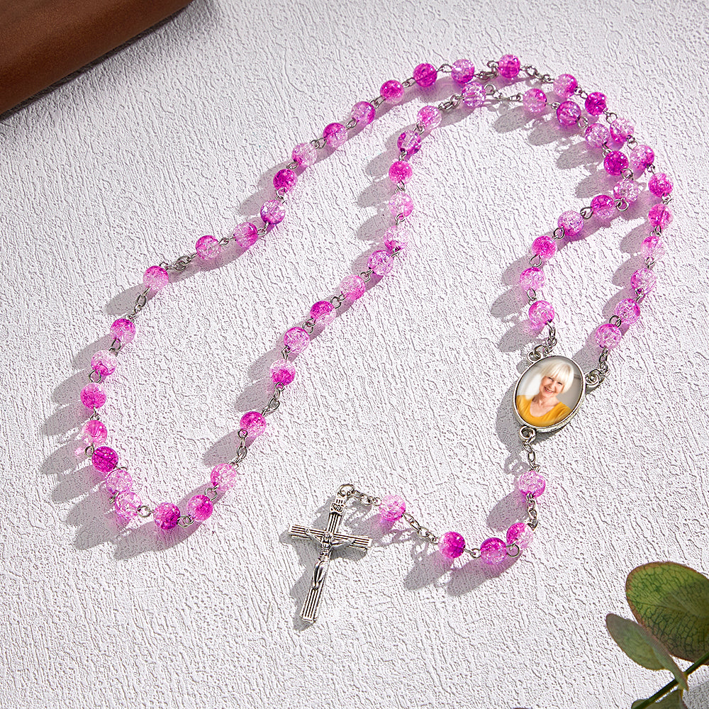 Custom Rosary Beads Cross Necklace Personalized Acrylic Explosion Beads Necklace with Photo - soufeelau