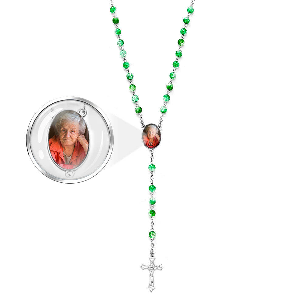 Custom Rosary Beads Cross Necklace Personalized Acrylic Explosion Beads Necklace with Photo - soufeelau