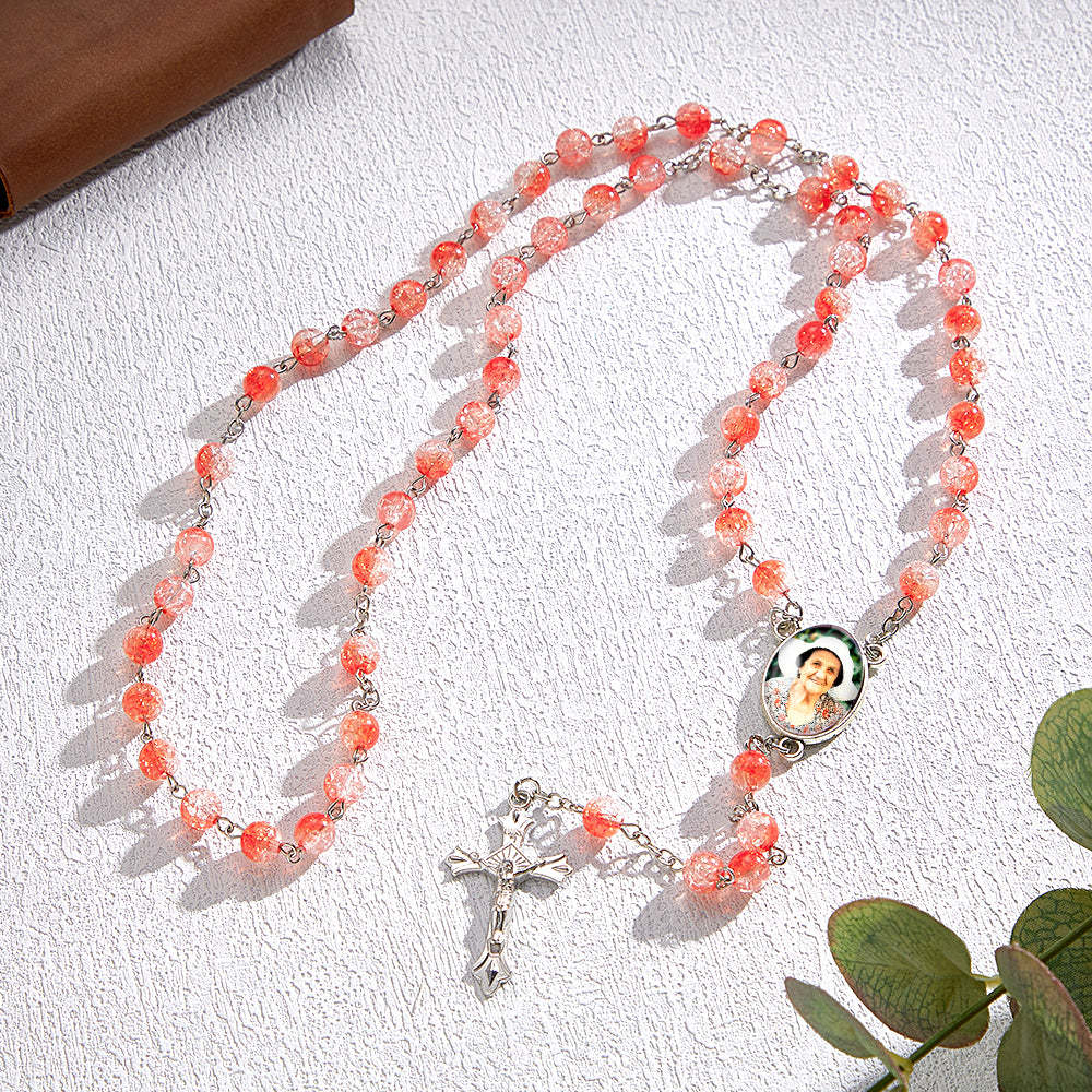 Custom Rosary Beads Cross Necklace Personalized Acrylic Explosion Beads Necklace with Photo - soufeelau