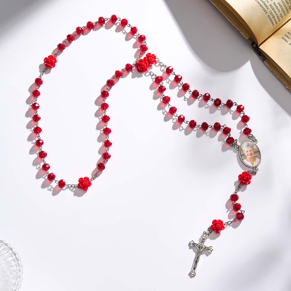Custom Rosary Beads Cross Necklace Personalized Rose Crystal Necklace with Photo - soufeelau
