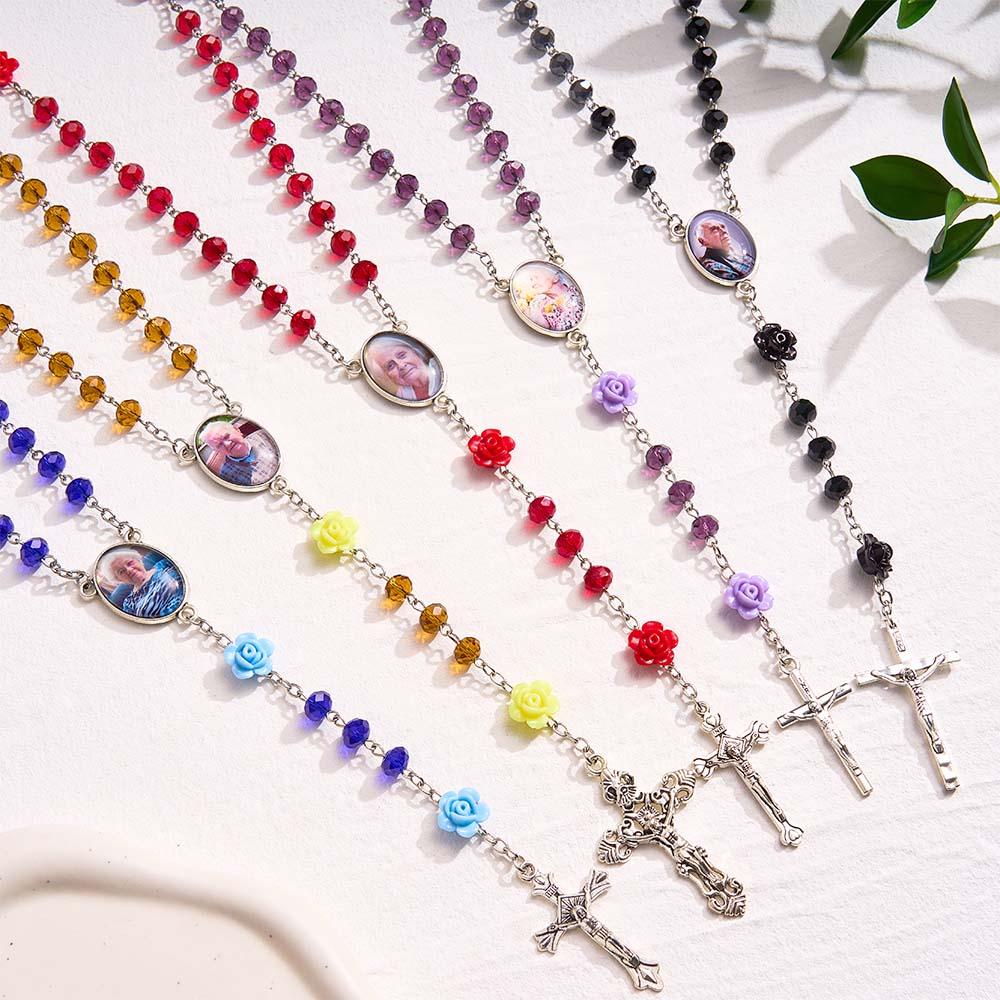 Custom Rosary Beads Cross Necklace Personalized Rose Crystal Necklace with Photo - soufeelau