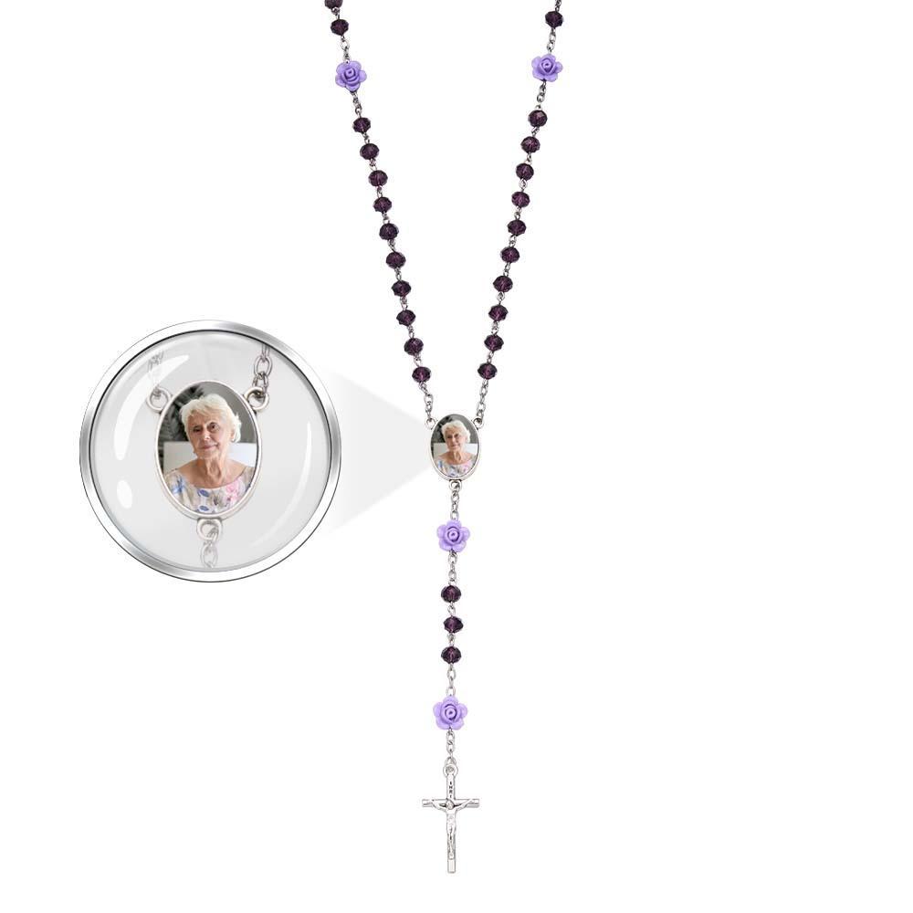 Custom Rosary Beads Cross Necklace Personalized Rose Crystal Necklace with Photo - soufeelau