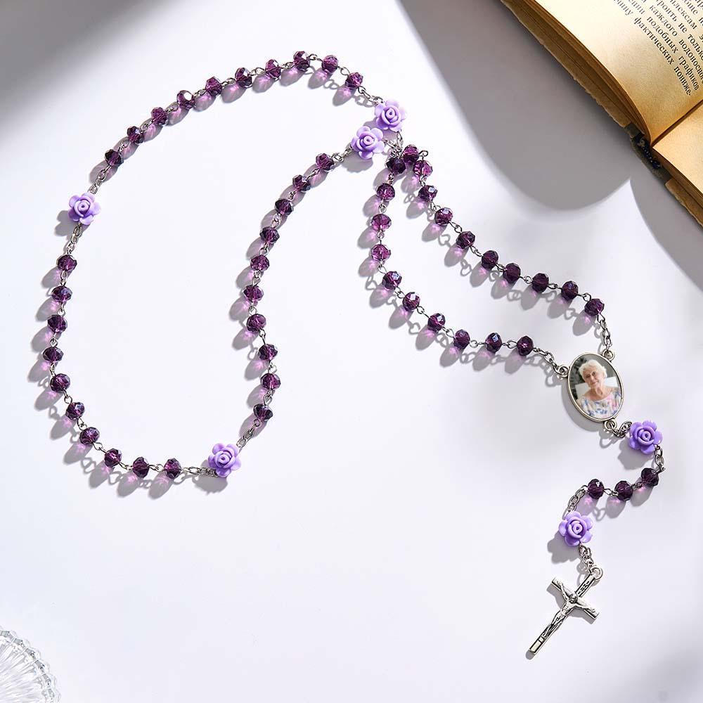 Custom Rosary Beads Cross Necklace Personalized Rose Crystal Necklace with Photo - soufeelau