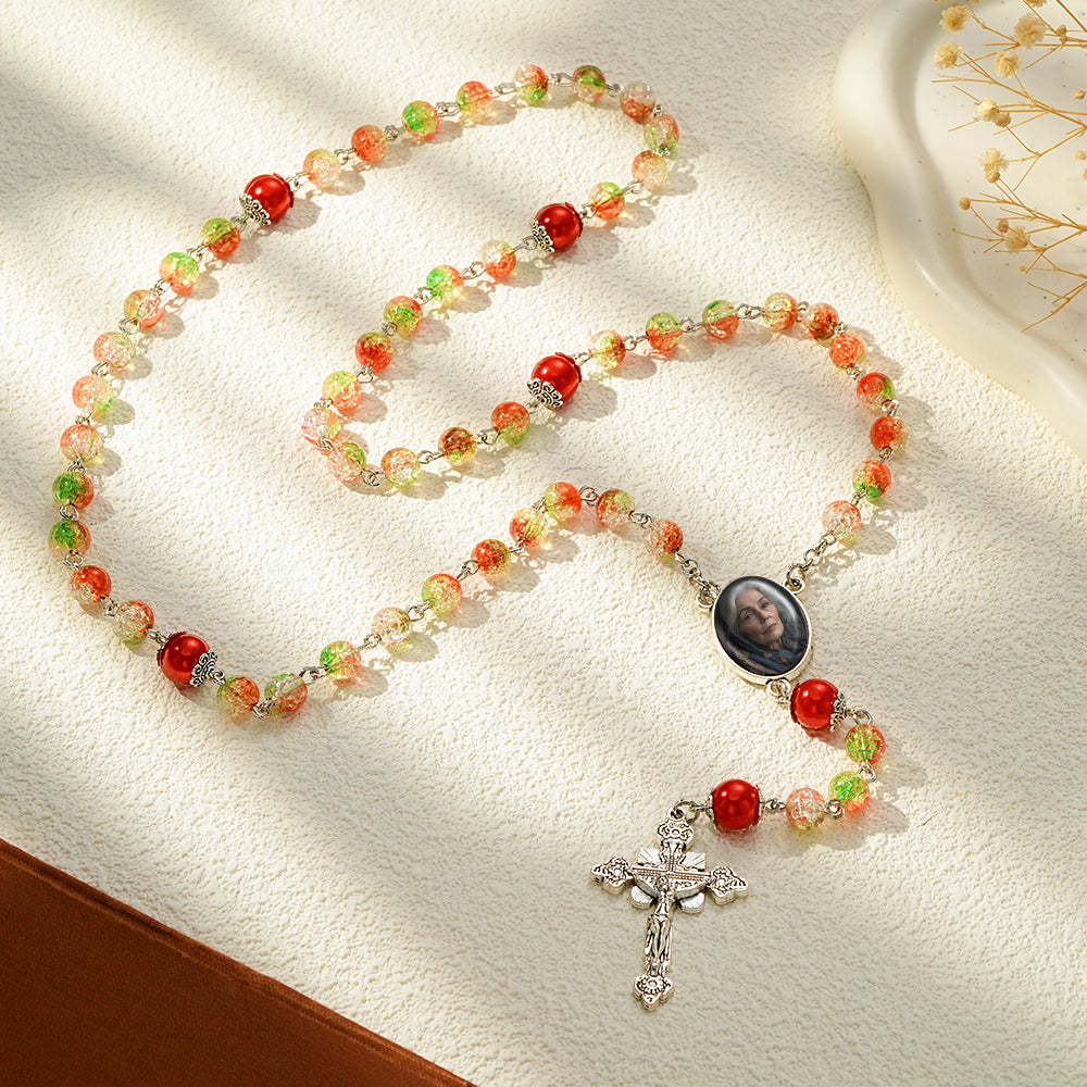 Custom Rosary Beads Cross Necklace Personalized Acrylic Explosion Beads Long Style Necklace with Photo - soufeelau