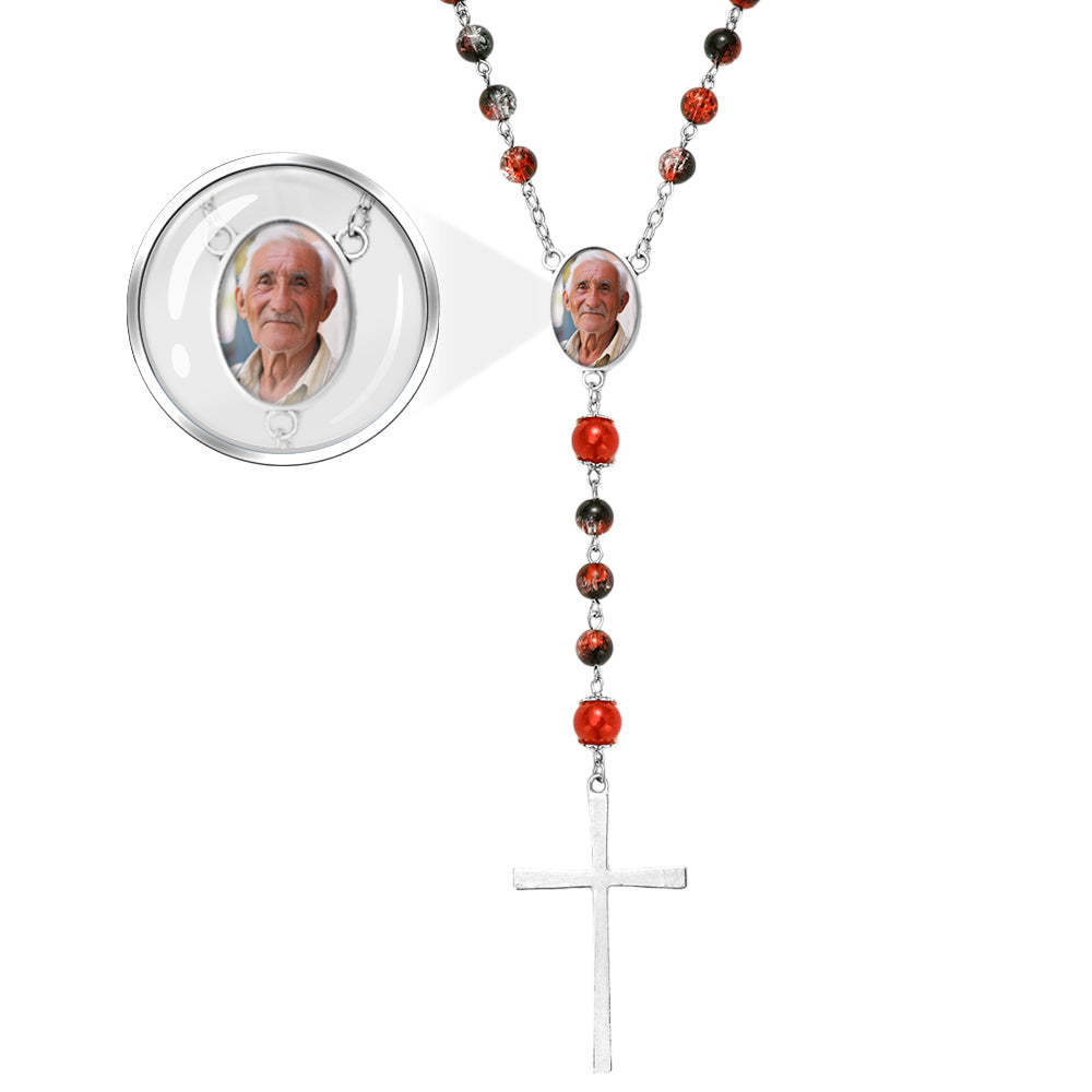 Custom Rosary Beads Cross Necklace Personalized Acrylic Explosion Beads Long Style Necklace with Photo - soufeelau
