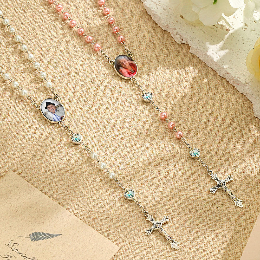 Custom Rosary Beads Necklace Personalized Glass Imitation Pearls Cross Necklace with Photo - soufeelau