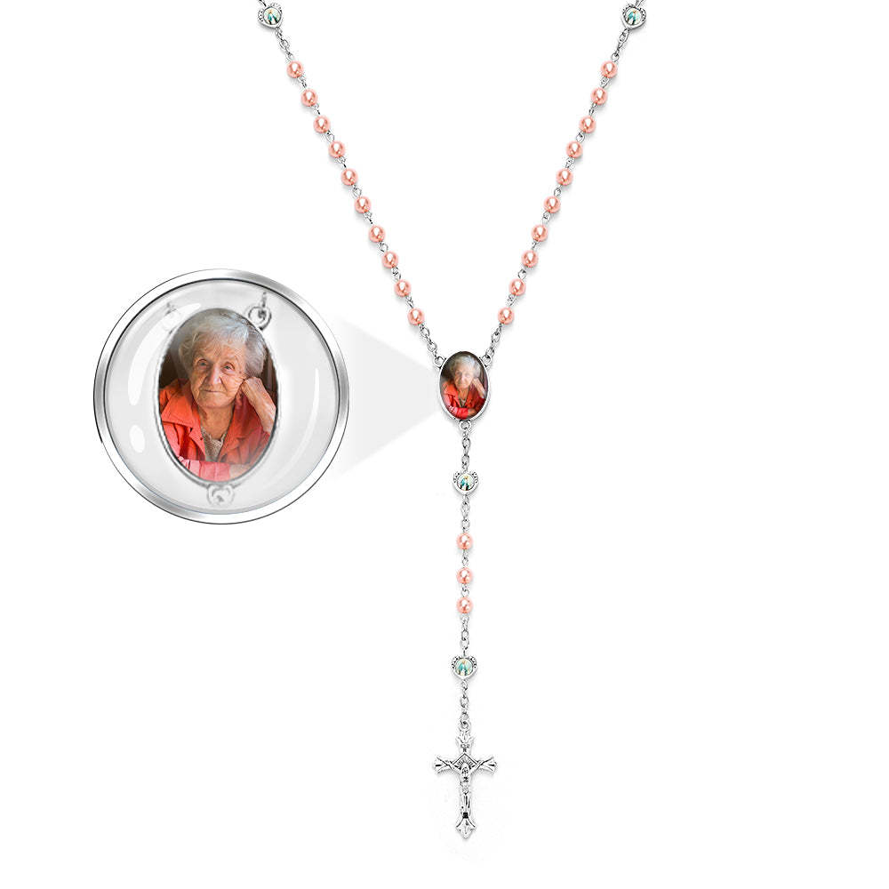 Custom Rosary Beads Necklace Personalized Glass Imitation Pearls Cross Necklace with Photo - soufeelau