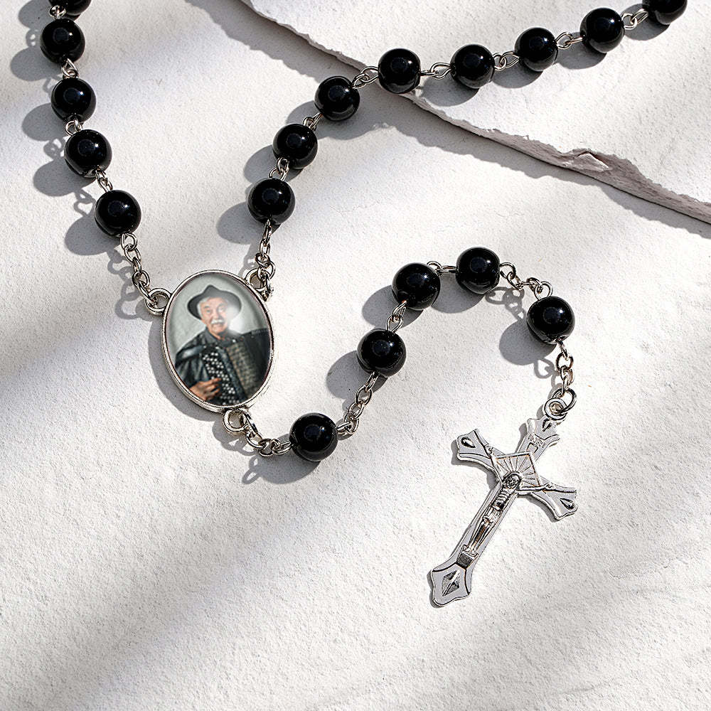 Custom Rosary Beads Cross Necklace Personalized Glass Imitation Pearls Necklace with Photo - soufeelau