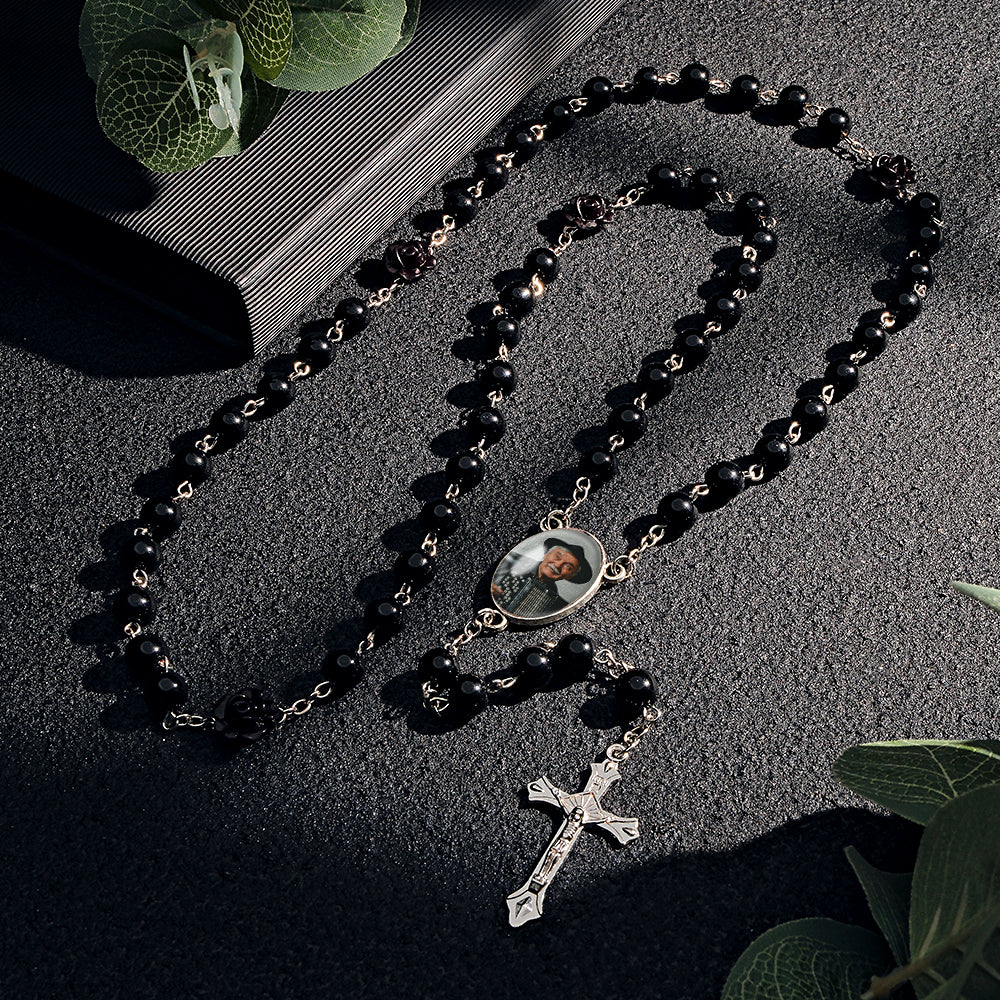 Custom Rosary Beads Cross Necklace Personalized Glass Imitation Pearls Necklace with Photo - soufeelau