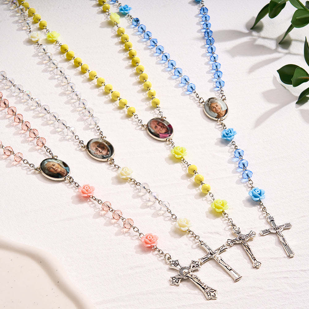 Custom Rosary Beads Cross Necklace Personalized Hip-Hop Style Multi-Color Crystal Necklace with Photo - soufeelau