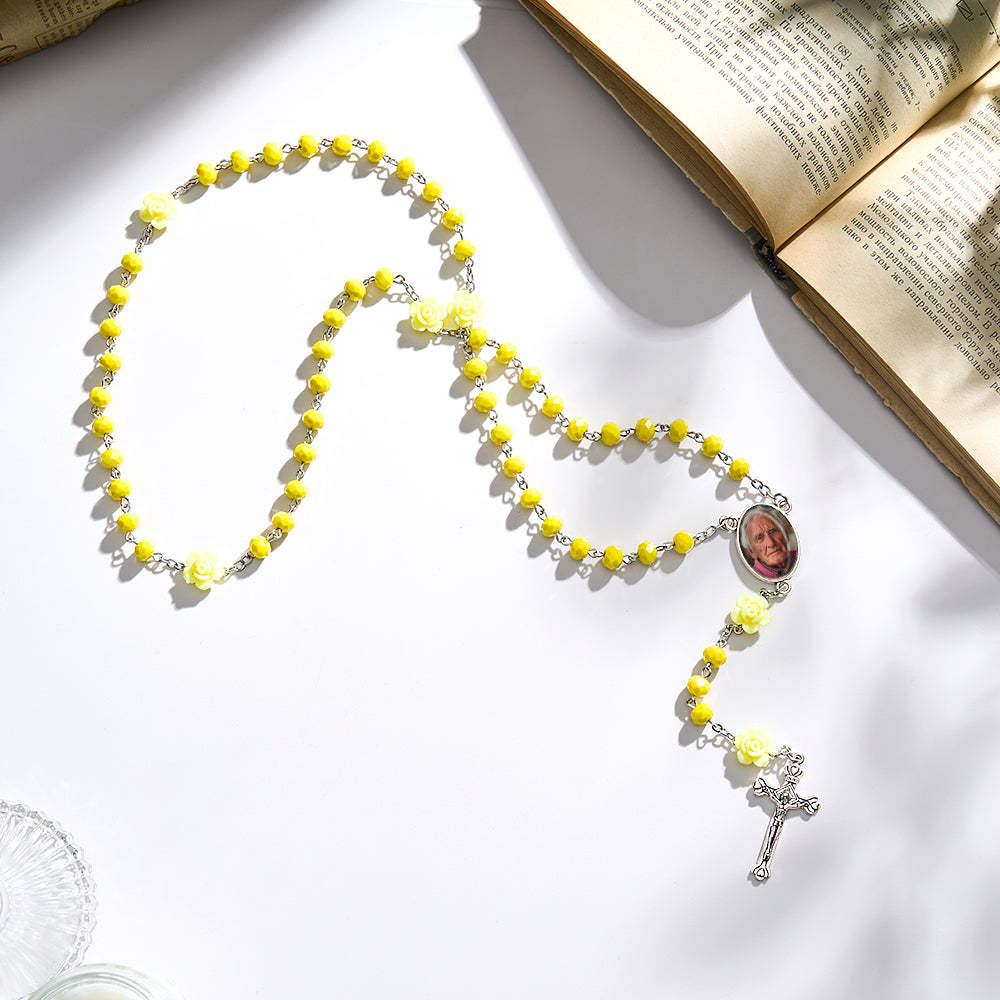 Custom Rosary Beads Cross Necklace Personalized Hip-Hop Style Multi-Color Crystal Necklace with Photo - soufeelau