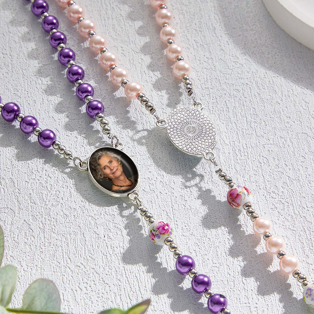 Custom Rosary Beads Cross Necklace Personalized Ceramic Rose Glass Imitation Pearl Necklace with Photo - soufeelau
