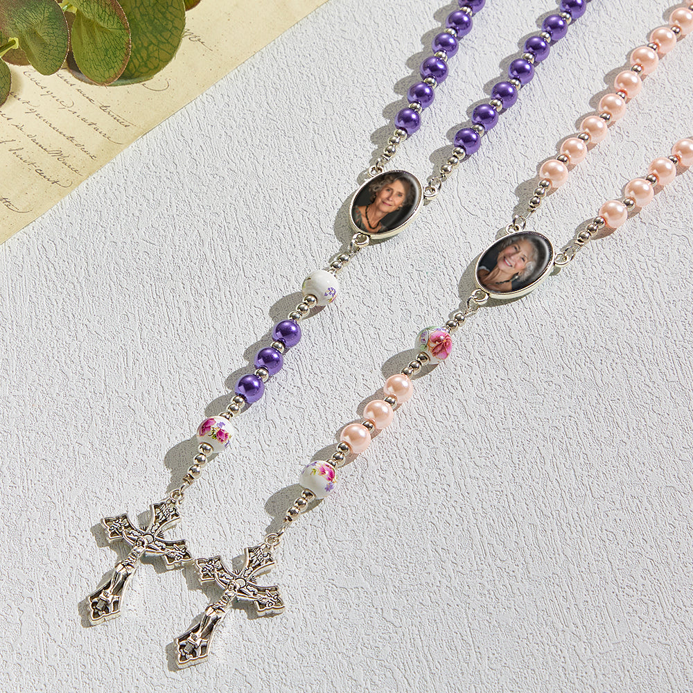Custom Rosary Beads Cross Necklace Personalized Ceramic Rose Glass Imitation Pearl Necklace with Photo - soufeelau