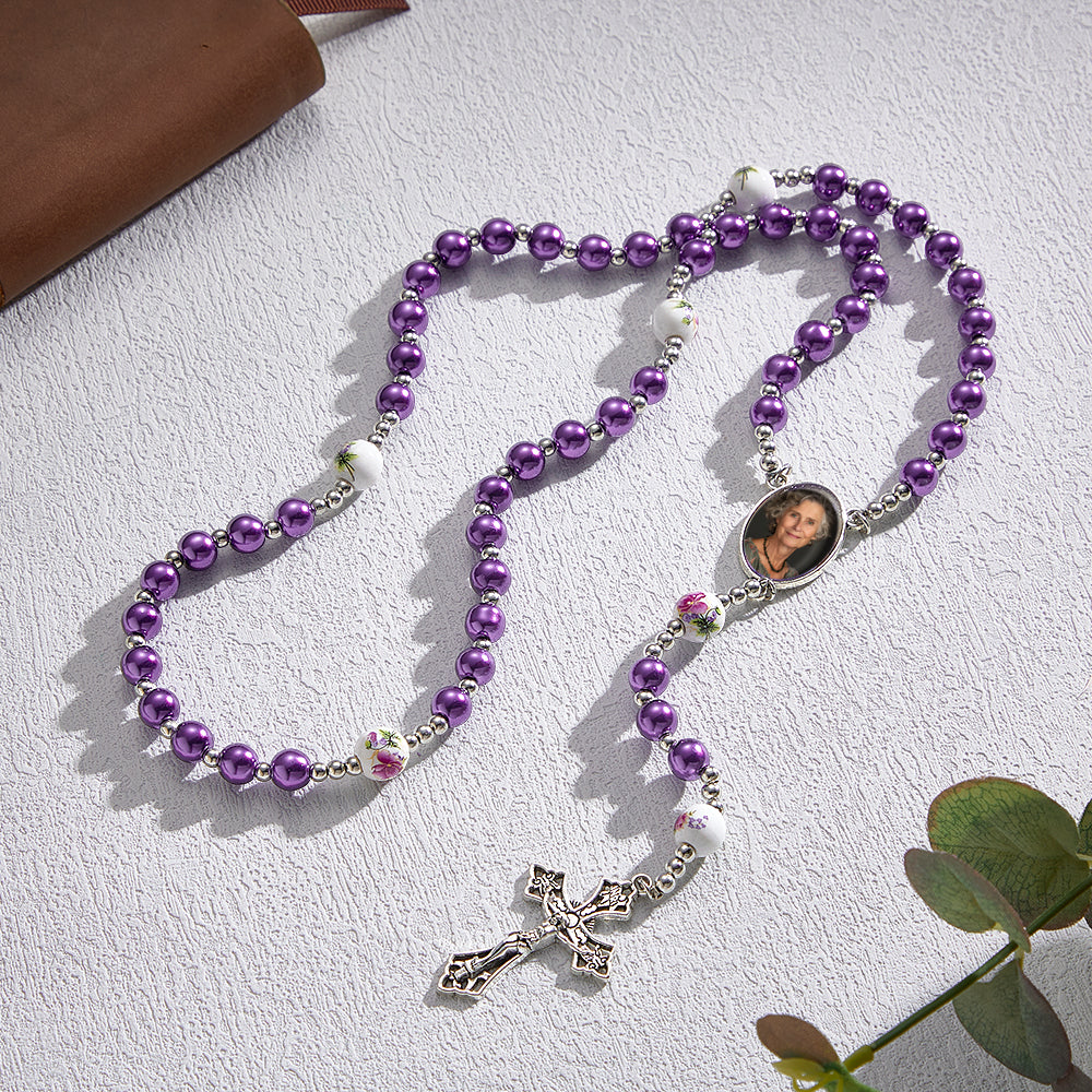 Custom Rosary Beads Cross Necklace Personalized Ceramic Rose Glass Imitation Pearl Necklace with Photo - soufeelau