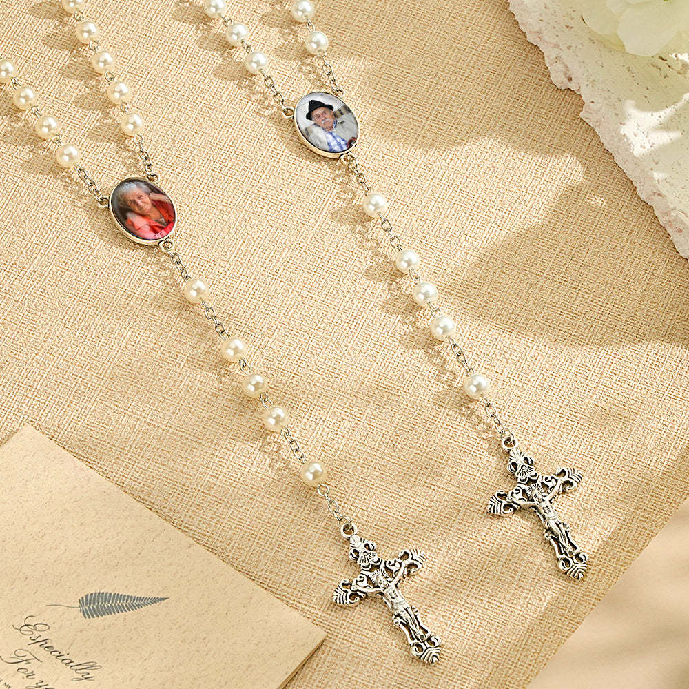 Custom Rosary Beads Cross Necklace Personalized White Imitation Pearls Necklace with Photo - soufeelau