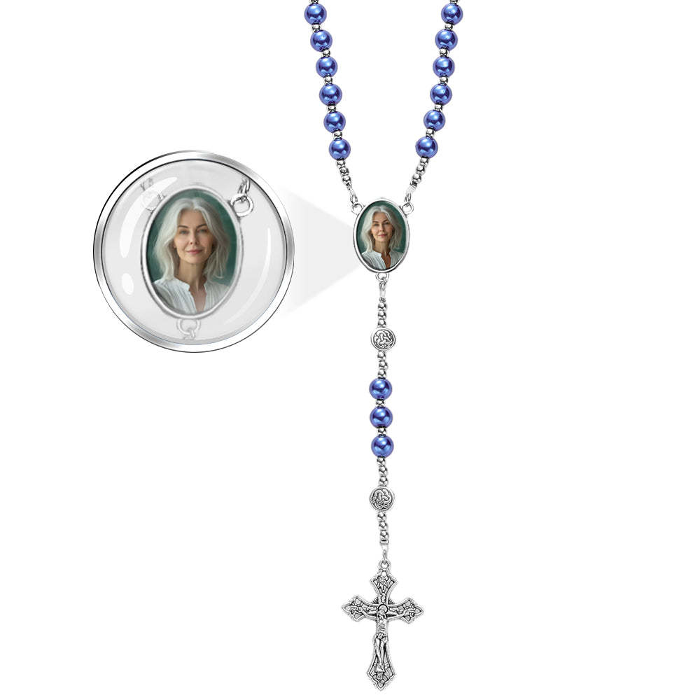 Custom Rosary Beads Cross Necklace Personalized Retro Glass Imitation Pearl Hollow Necklace with Photo - soufeelau