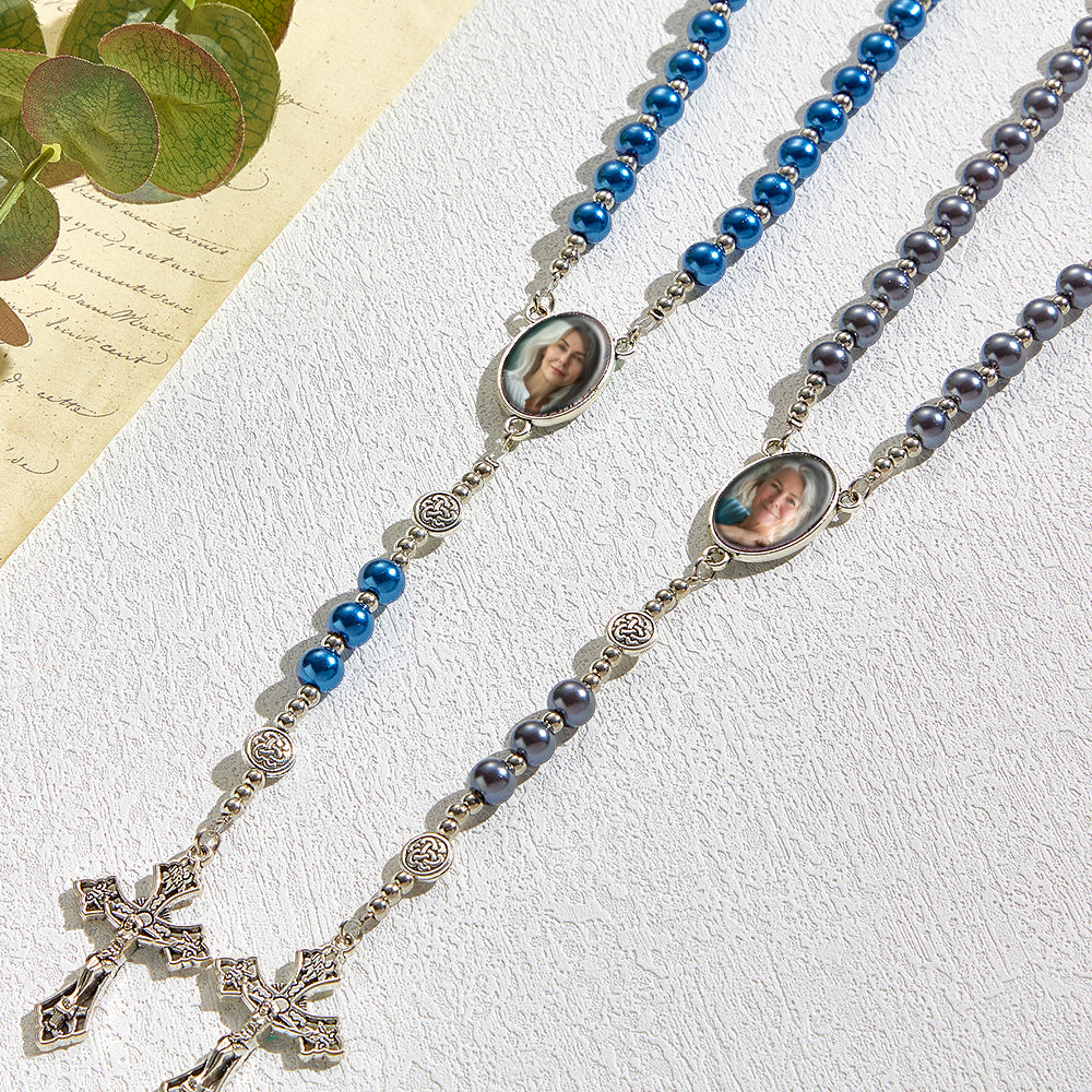 Custom Rosary Beads Cross Necklace Personalized Retro Glass Imitation Pearl Hollow Necklace with Photo - soufeelau