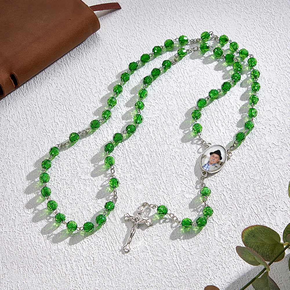 Custom Rosary Beads Cross Necklace Personalized Retro Style Handmade Bead Chain Necklace with Photo - soufeelau