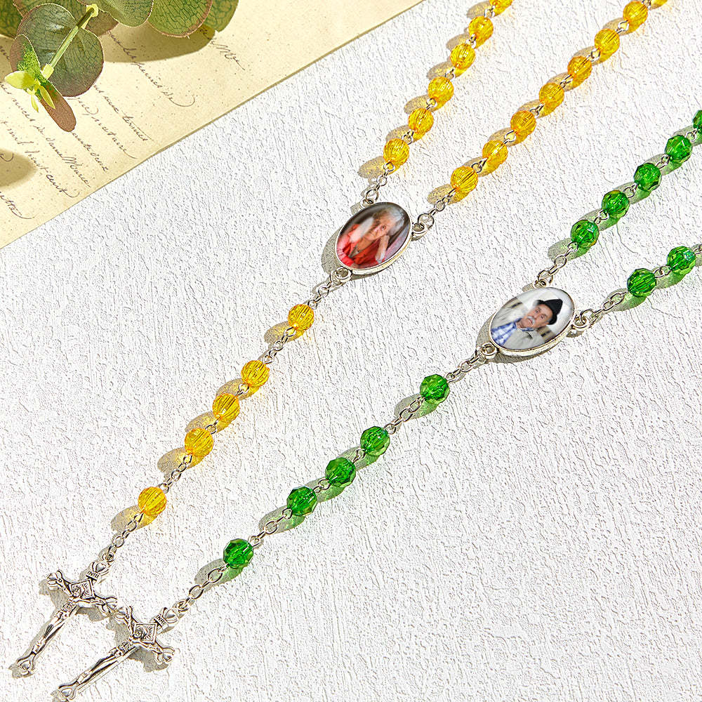 Custom Rosary Beads Cross Necklace Personalized Retro Style Handmade Bead Chain Necklace with Photo - soufeelau