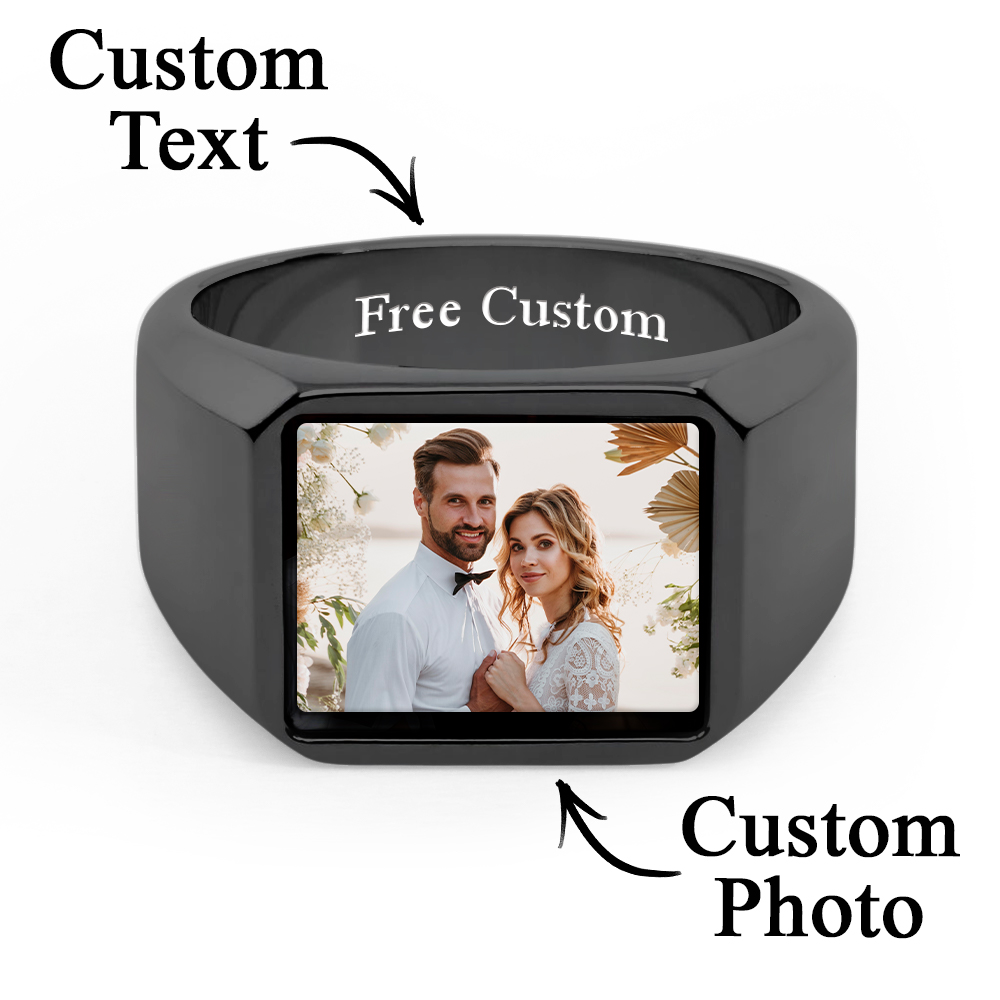 Signet Rings Solid Polished Stainless Steel Biker Ring for Men Women Stainless Steel Metal Plated Text Engraving Photo Custom - soufeelau