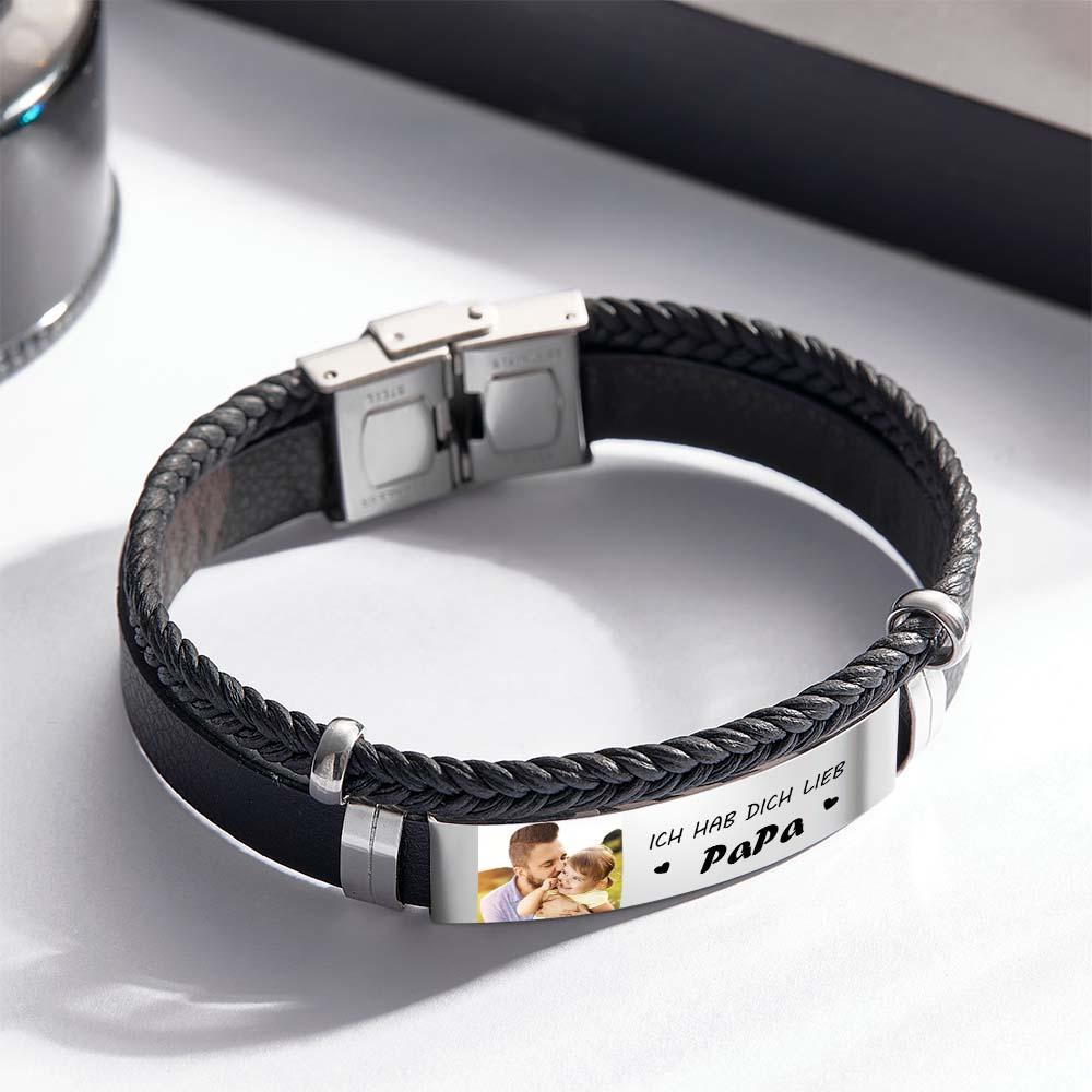 Personalized Photo Leather Bracelet With Text Braided Bangle Father's Day Gifts - soufeelau