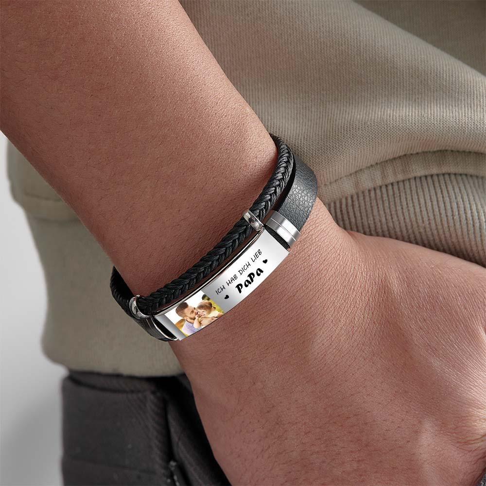 Personalized Photo Leather Bracelet With Text Braided Bangle Father's Day Gifts - soufeelau
