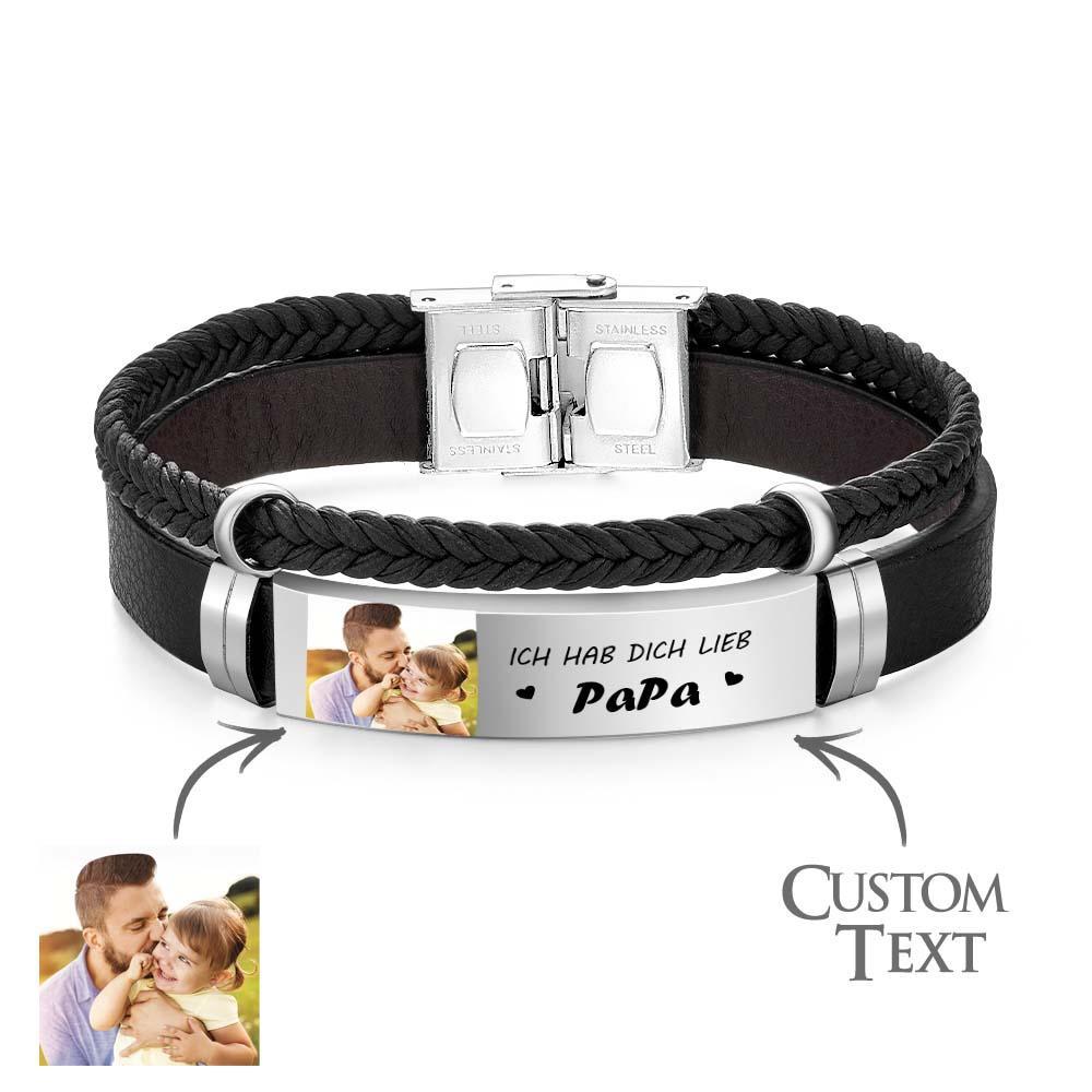 Personalized Photo Leather Bracelet With Text Braided Bangle Father's Day Gifts