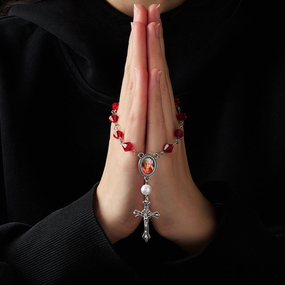 Personalized Photo Birthstone Rosary Bracelet with Cross Pendant Memorial Gift for Family - soufeelau