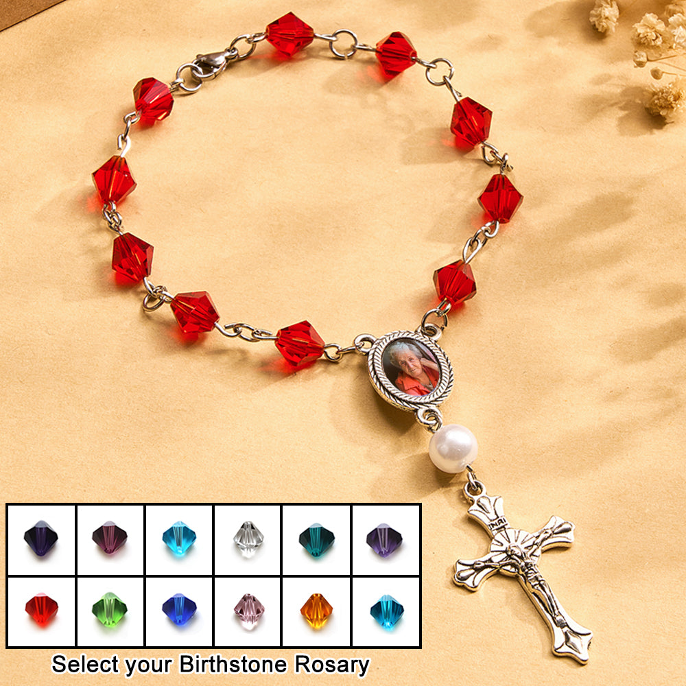 Personalized Photo Birthstone Rosary Bracelet with Cross Pendant Memorial Gift for Family - soufeelau