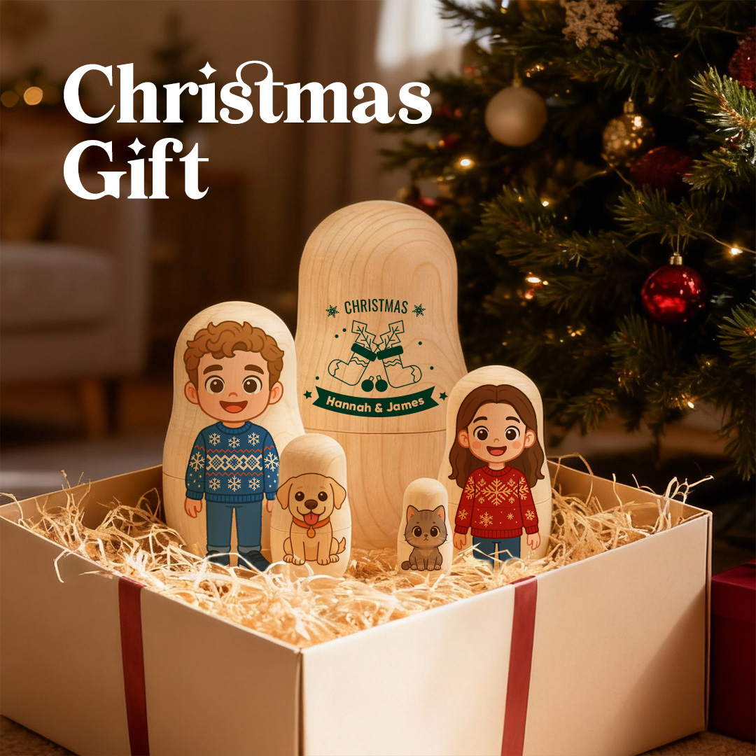 Personalized Portrait Nesting Doll with Text Custom Photo Family Portrait Cartoon Style Gift Photo Christmas Gift - soufeelau