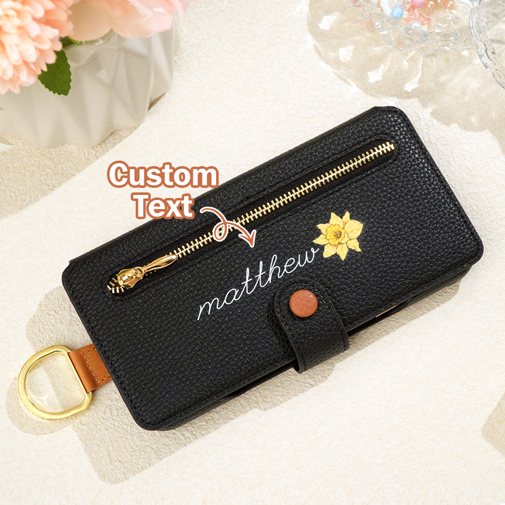 Personalized Birth Flower Name Leather Flip Wallet Phone Case with Card Holder - soufeelau