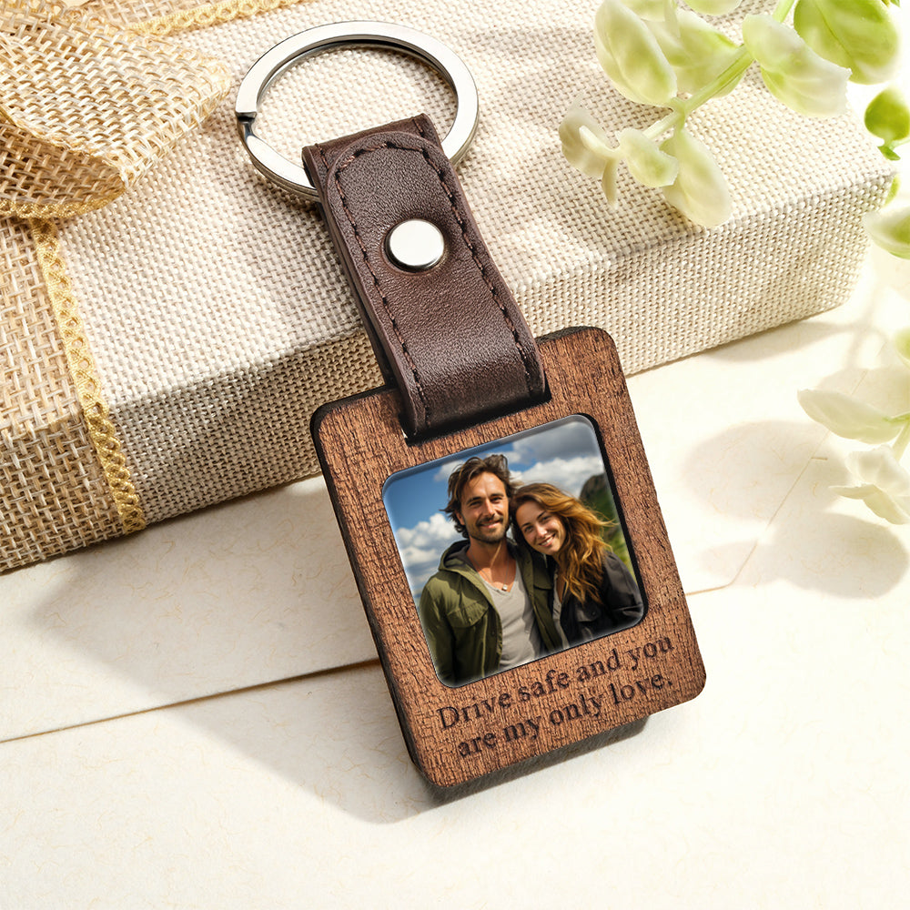 Custom Text Leather Photograph Keychain Personalized Picture Gift - soufeelau