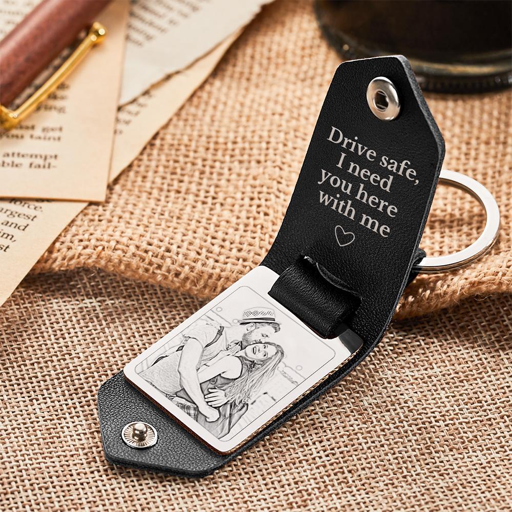 Personalized Leather Keychain Drive Safe Significant Photo Keychain Anniversary Gift For Him - soufeelau