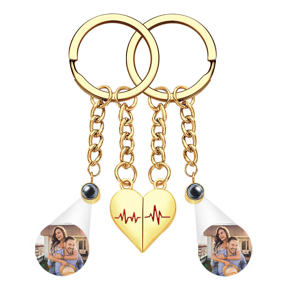 Custom Photo Heart Keychains Couple Projection Photo Magnetic Heartbeat Keyrings - soufeelau