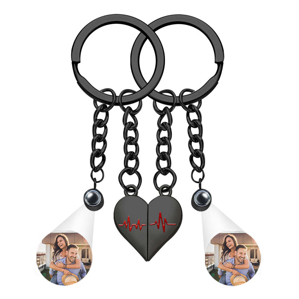 Custom Photo Heart Keychains Couple Projection Photo Magnetic Heartbeat Keyrings - soufeelau